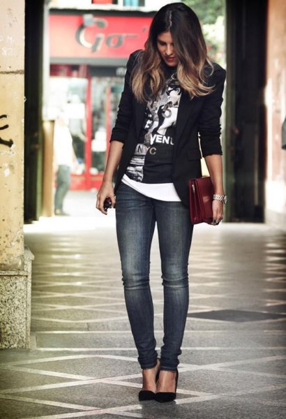 black graphic t-shirt with blazer and gray slim fit jeans