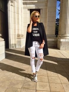 black graphic t-shirt with oversized blazer and ripped slim fit jeans