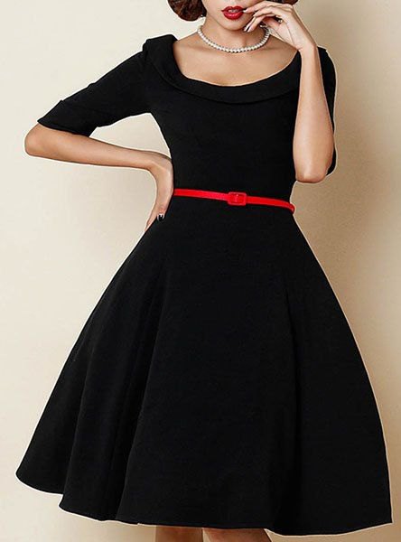 black, half-sleeved fit and knee-length dress with a flared belt