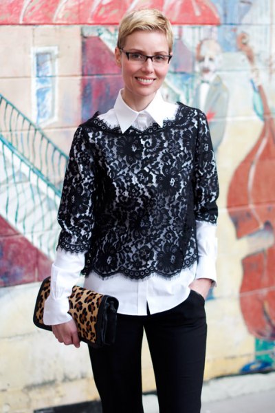 black half-sleeved lace blouse white shirt with buttons