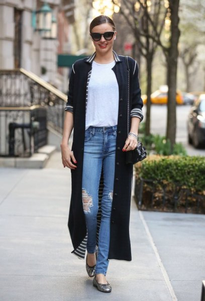 black maxi longline cardigan with half sleeves and blue ripped jeans