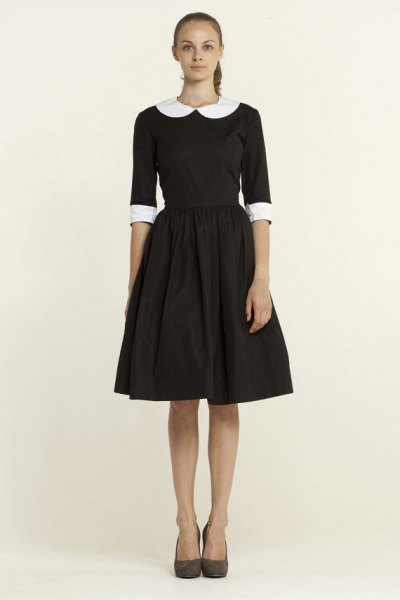black, half-sleeved, flared mini dress with round collar