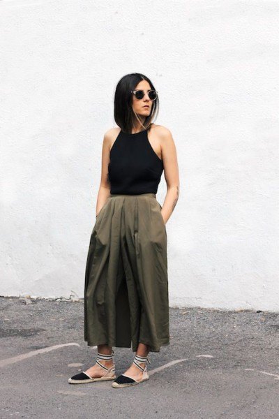 black top part olive green maxi skirt