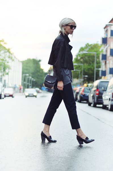 black high heeled slipper short leather jacket gray t-shirt