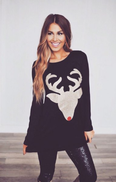 black holiday sweater dress with sequin leggings