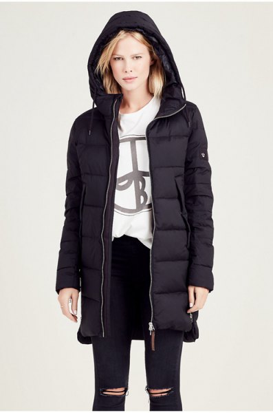 black down jacket with hood and white graphic sweatshirt