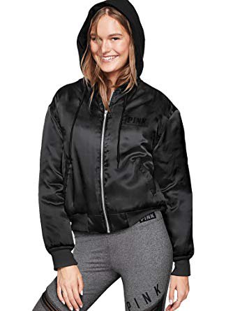 black nylon bomber jacket with hood and gray printed jogger sweatpants