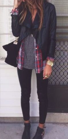 black jacket with gray t-shirt and checked boyfriend shirt