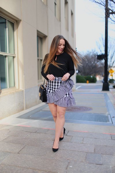 black keyhole sweater with checked mini frill skirt