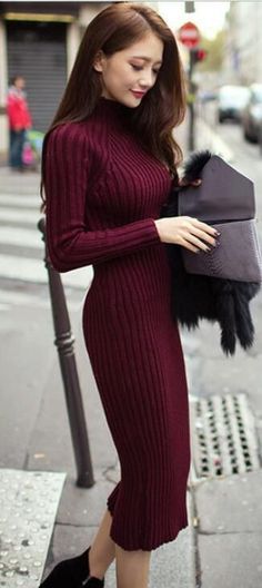 Knit long sweater dress always be the women's favorite in winter .