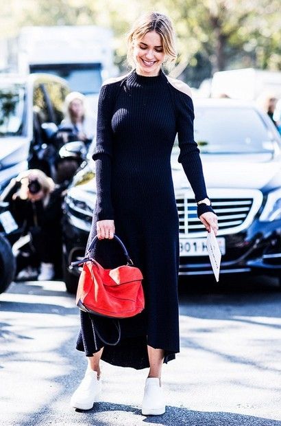 black knit dress red bag