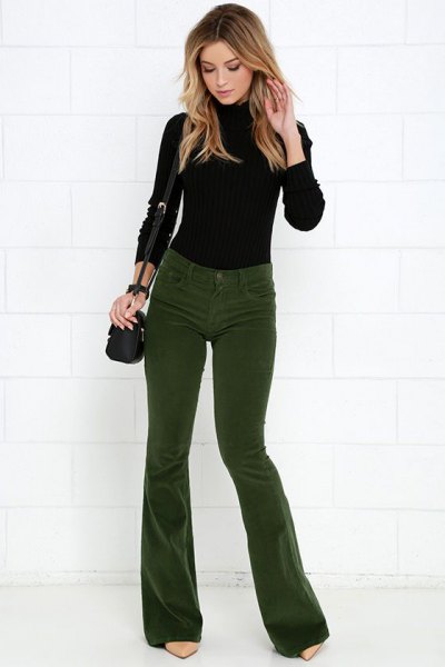 black knitted sweater green corduroy pants