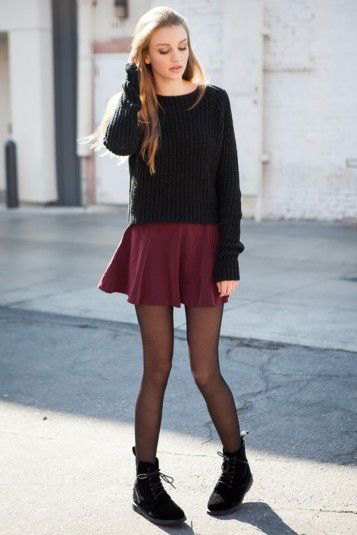 black knitted sweater mini skirt leggings boots