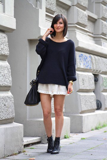 black knitted sweater pink chiffon shorts