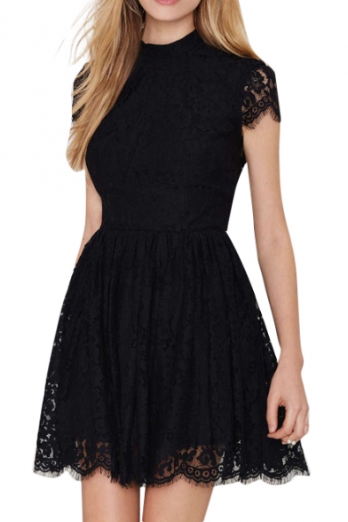 Backless Short Sleeve A-line Black Lace Dress - Beautifulhalo.c