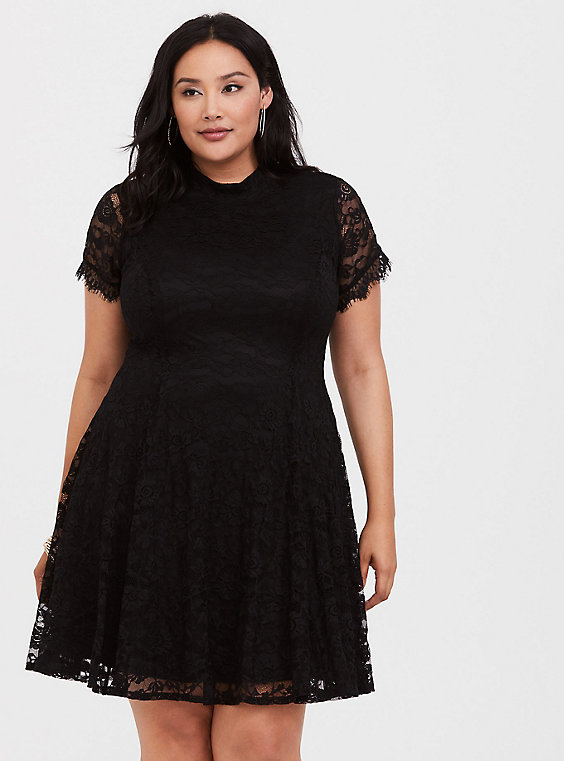 Plus Size - Black Lace High Neck Skater Dress - Torr
