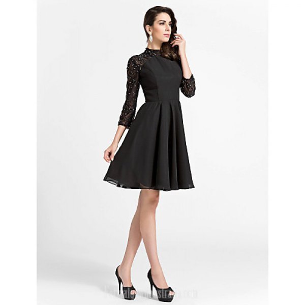 black skater dress with lace sleeves
