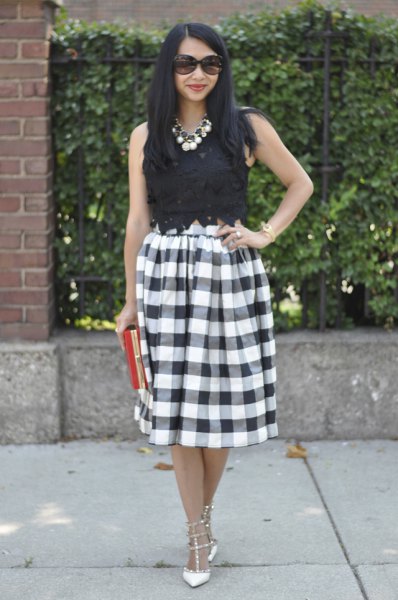 black lace top with checked midi skirt