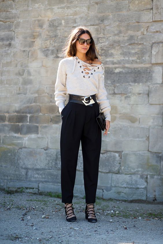 black lace-up shoes white sweater