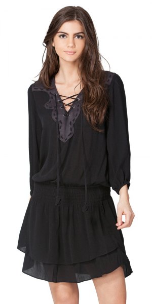 black chiffon mini skirt with lace-up shirt