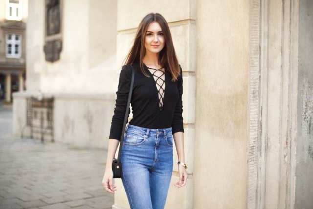 black laced, blue-washed skinny jeans