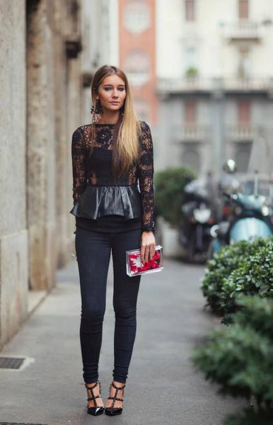 Long-sleeved peplum top made of black leather and lace with narrow pants