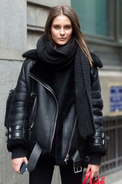 black leather aviator jacket with long knitted scarf