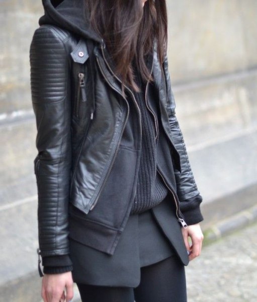black leather biker jacket with hoodie cardigan