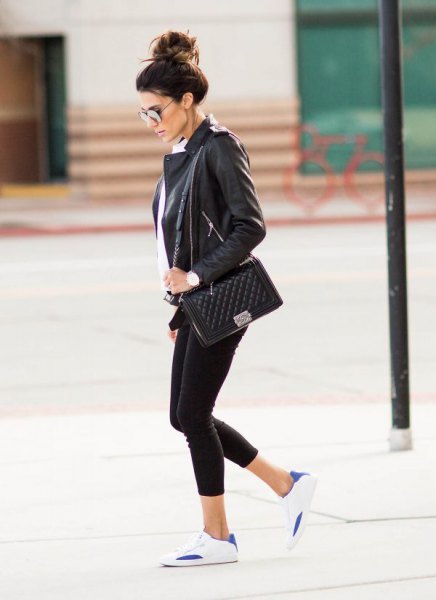 black leather blazer with white shirt and sneakers