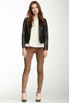 black leather jacket brown suede drainpipe trousers