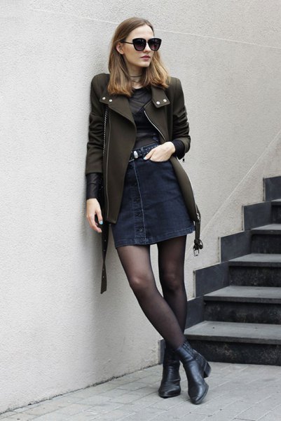 black leather jacket jeans button front skirt