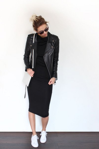 black leather jacket midi dress outfit