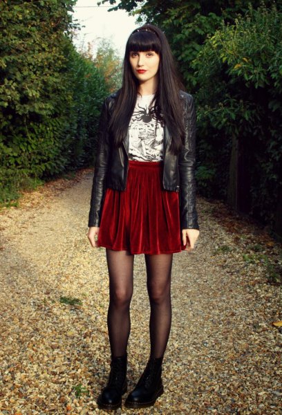 black leather jacket red velvet skirt