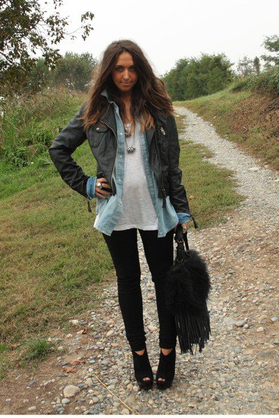 black leather jacket with chambray shirt and open wedge boots
