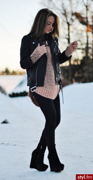 black leather jacket with crepe crochet sweater and ankle boots