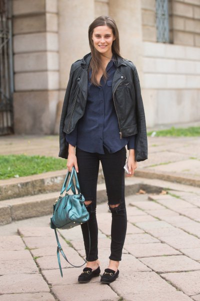 black leather jacket with dark blue shirt with buttons