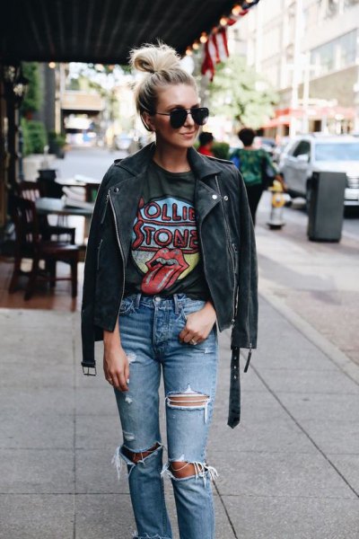 black leather jacket with graphic t-shirt and ripped jeans
