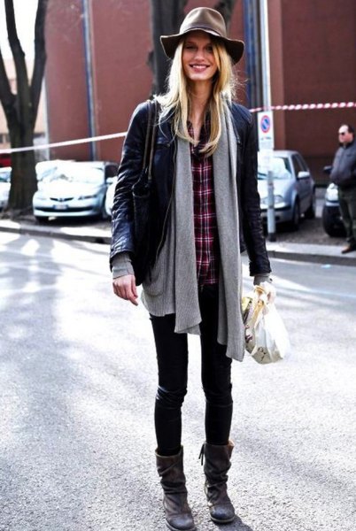 black leather jacket with gray cardigan and plaid shirt