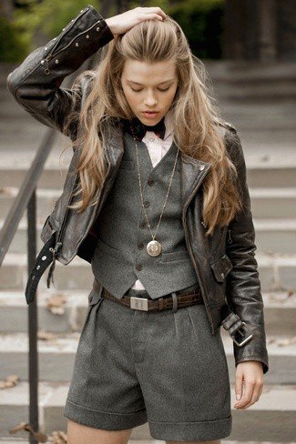 black leather jacket with gray vest and matching shorts