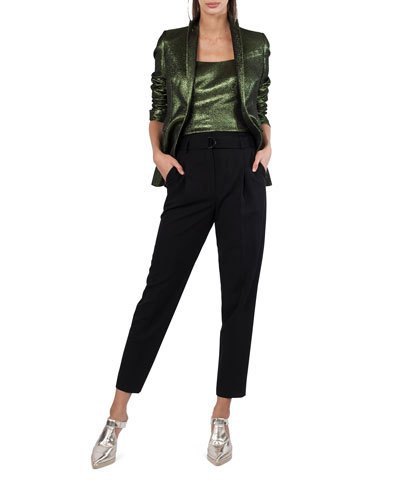 black leather jacket with matching top and shortened pants