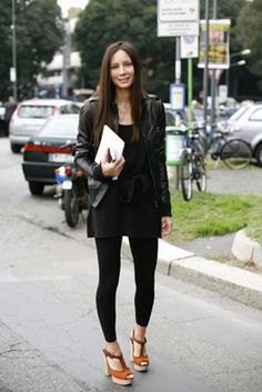 black leather jacket with mini sheath dress and footless tights