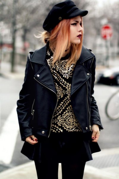 black leather jacket with minirater skirt and leggings