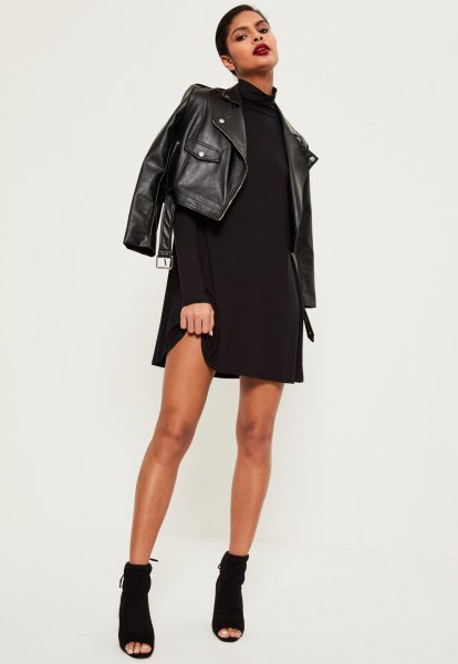 black leather jacket with swing dress with stand-up collar