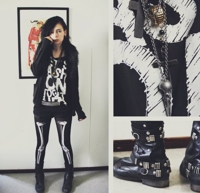 black leather jacket with graphic tunic T-shirt and skeleton gaiters