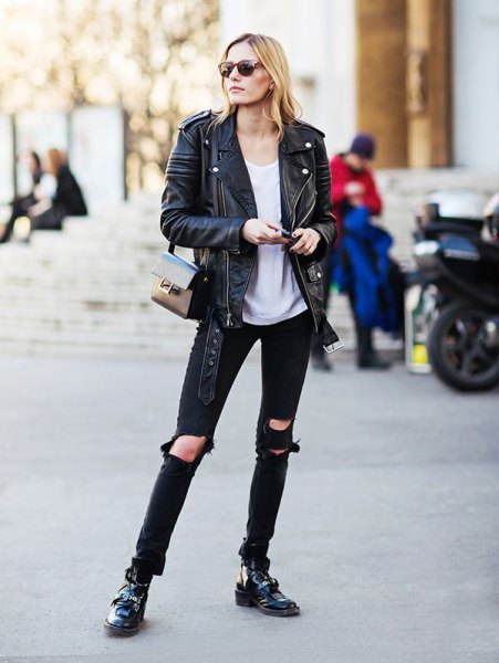 black leather jacket with white t-shirt with scoop neck