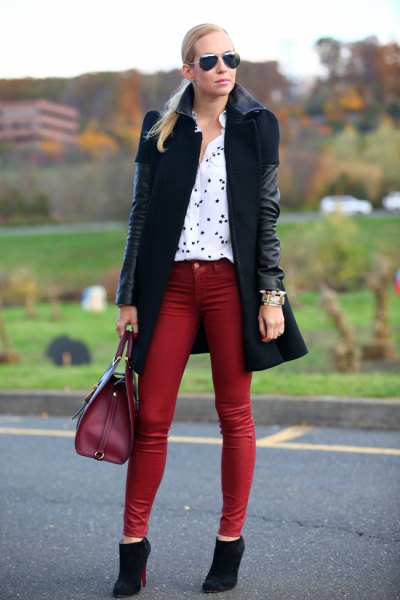long black leather jacket with brown coated skinny jeans