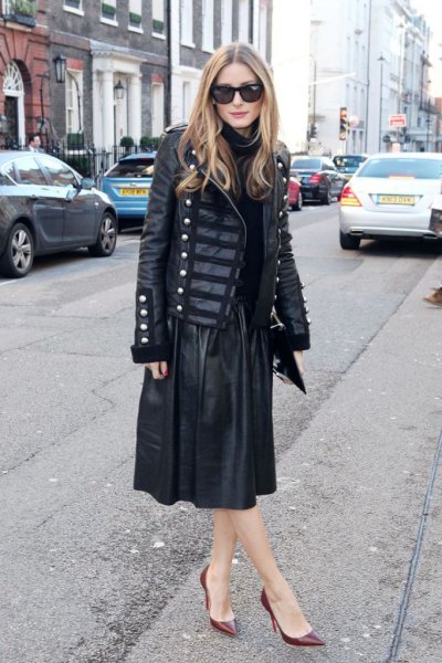 black leather military blazer with a flared midi skirt