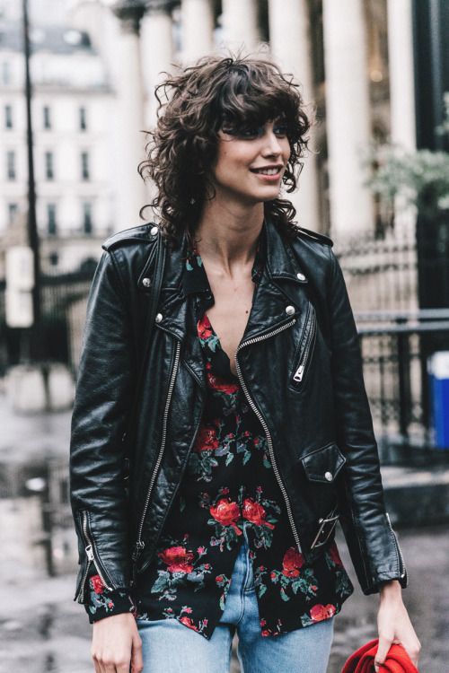 black leather shirt with flower jacket