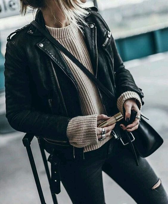 black leather moto jacket beige knit