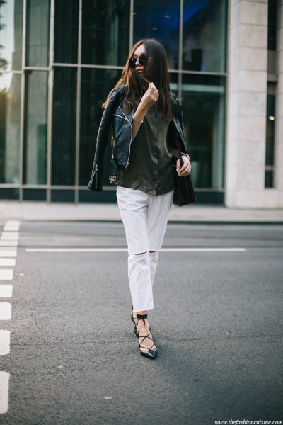 black leather moto jacket with white, cropped jeans